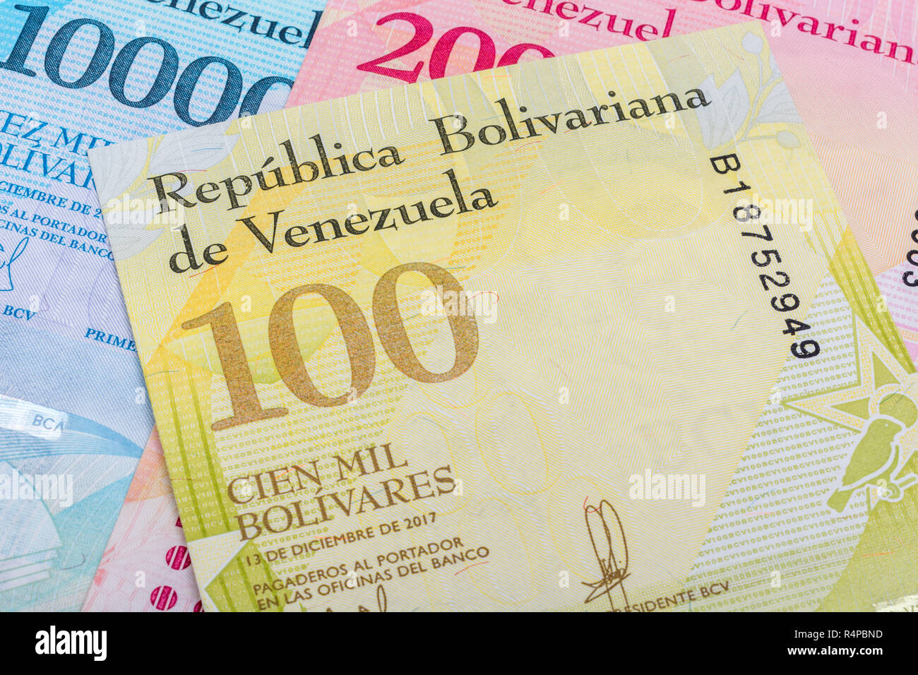 Venezuela Bolivar banknotes - metaphor for Hyperinflation in the Venezuelan economy, where banknotes are almost worthless. SEE ADDIT. NOTES Stock Photo