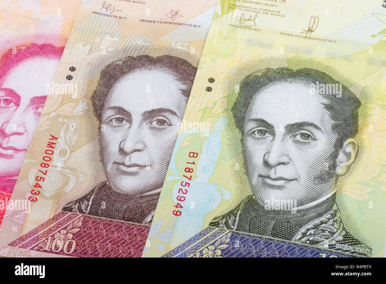 Venezuela Bolivar banknotes with Simon Bolivar for Hyperinflation in