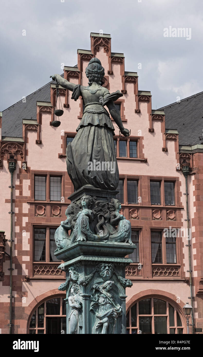 Justice Lady Justice sculpture on the Roemerberg square Stock Photo