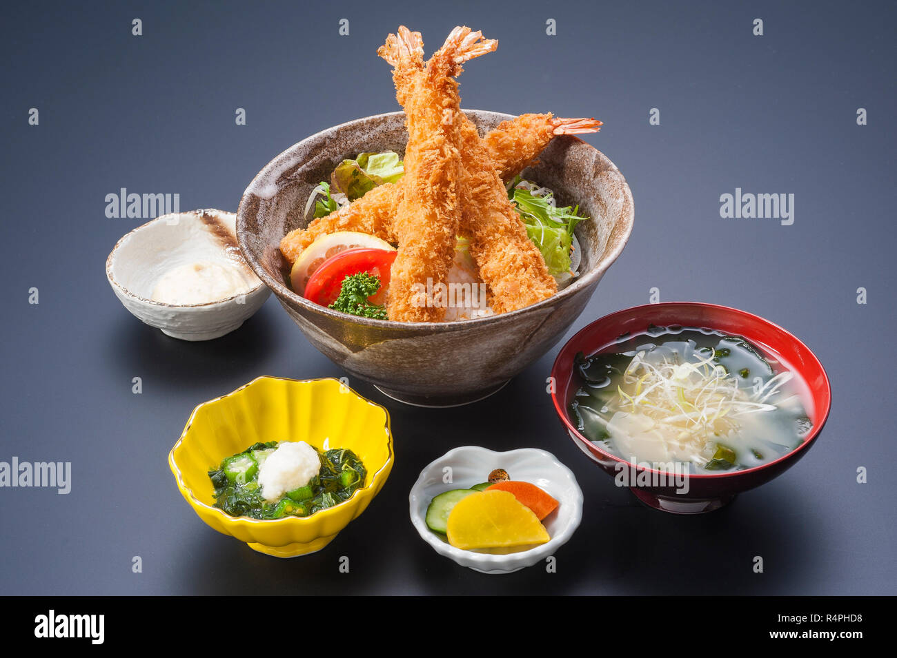 Bowl of rice with fried tempura shrimp and seaweed soup Stock Photo Alamy