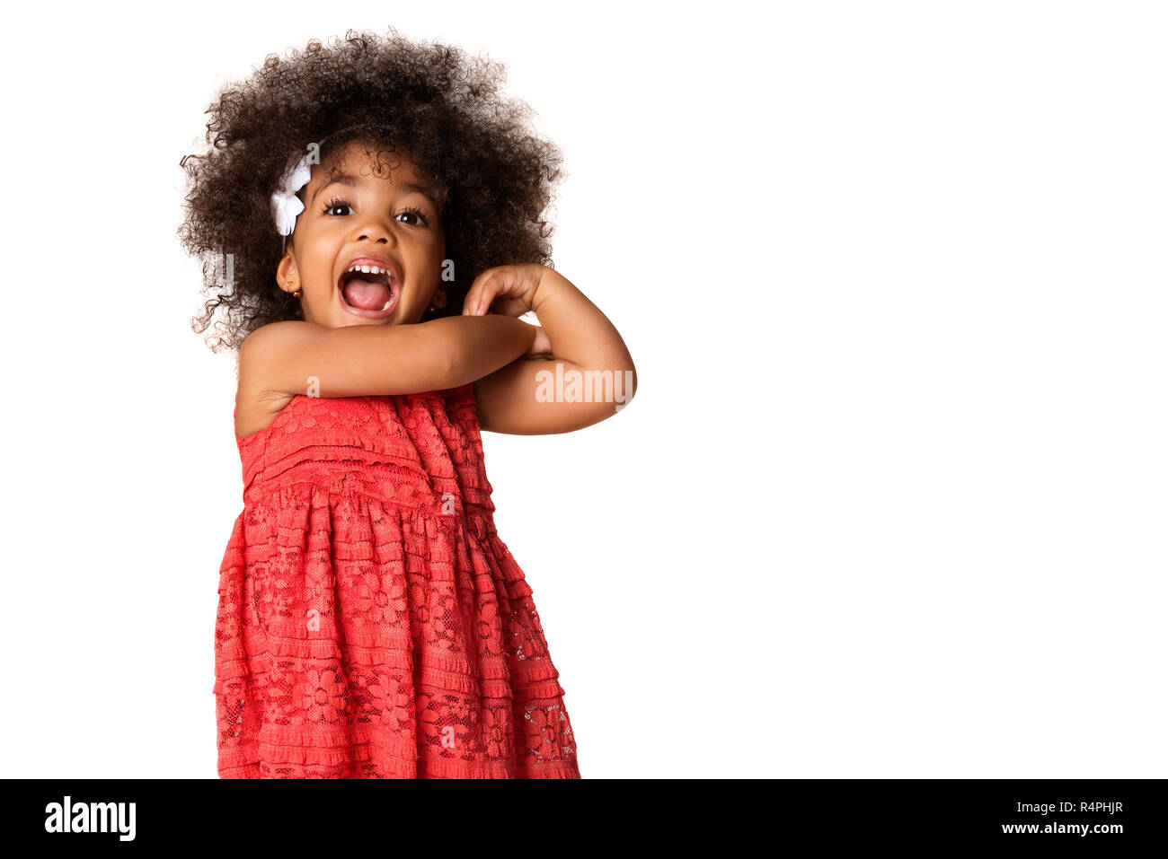 Portrait of cheerful african american little girl, isolated over white ...