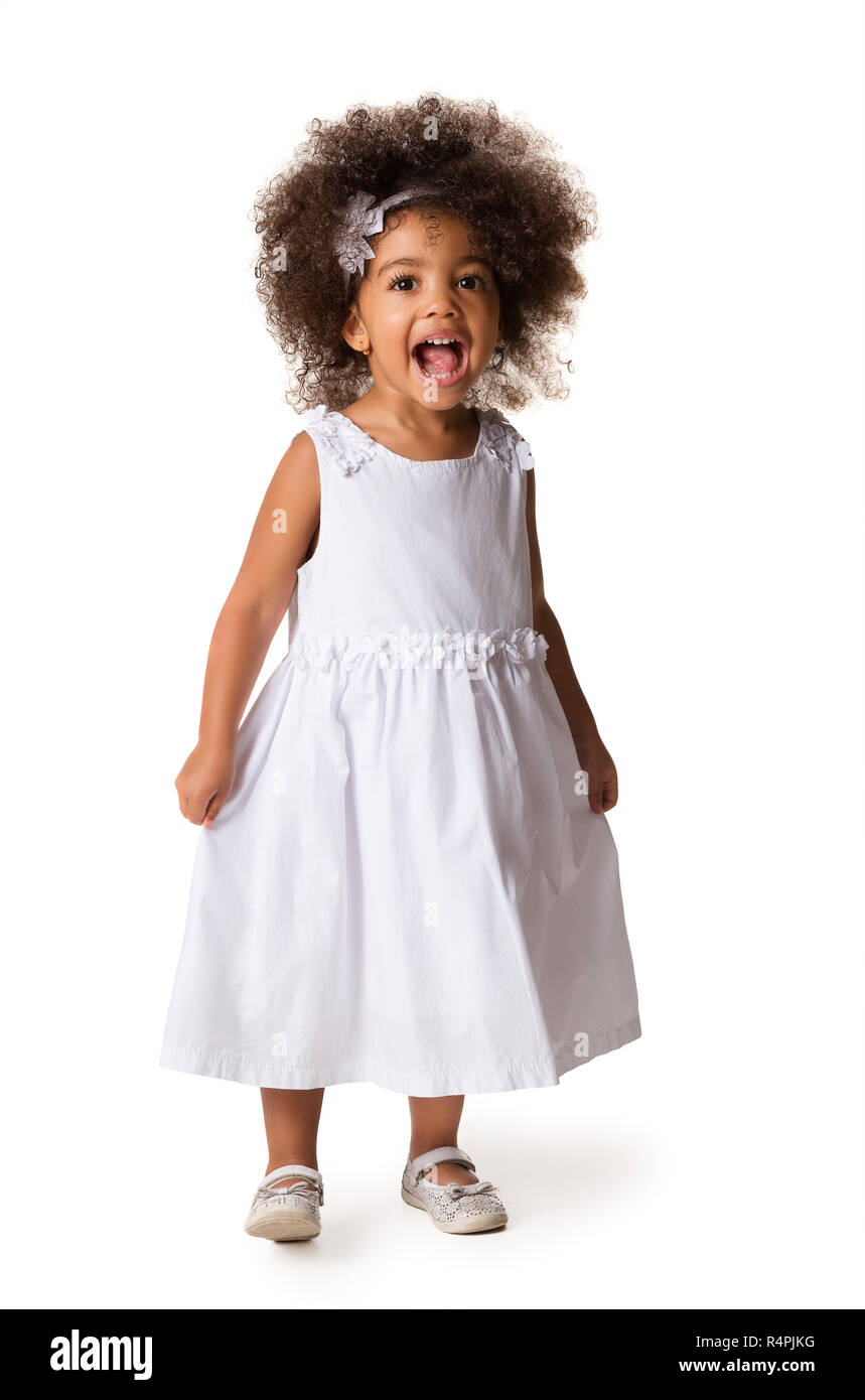 Full-length portrait of cute cheerful african american little girl ...