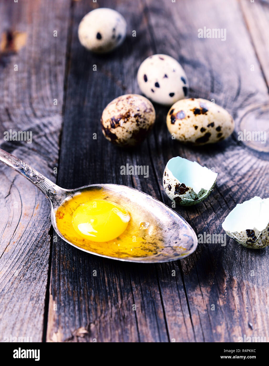 Egg quail with yolk in an iron spoon Stock Photo Alamy