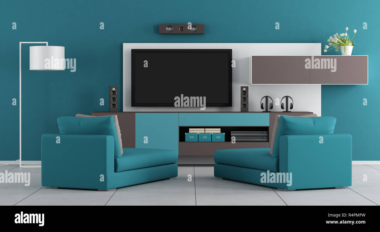 Blue living room with tv Stock Photo - Alamy