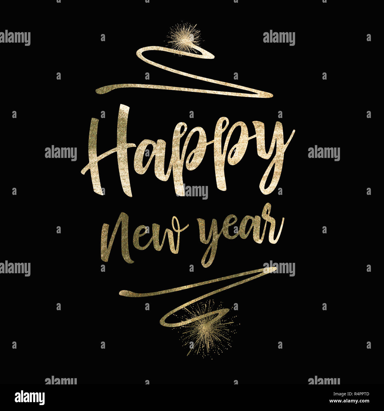 golden Happy new year text with fireworks decor on black background ...