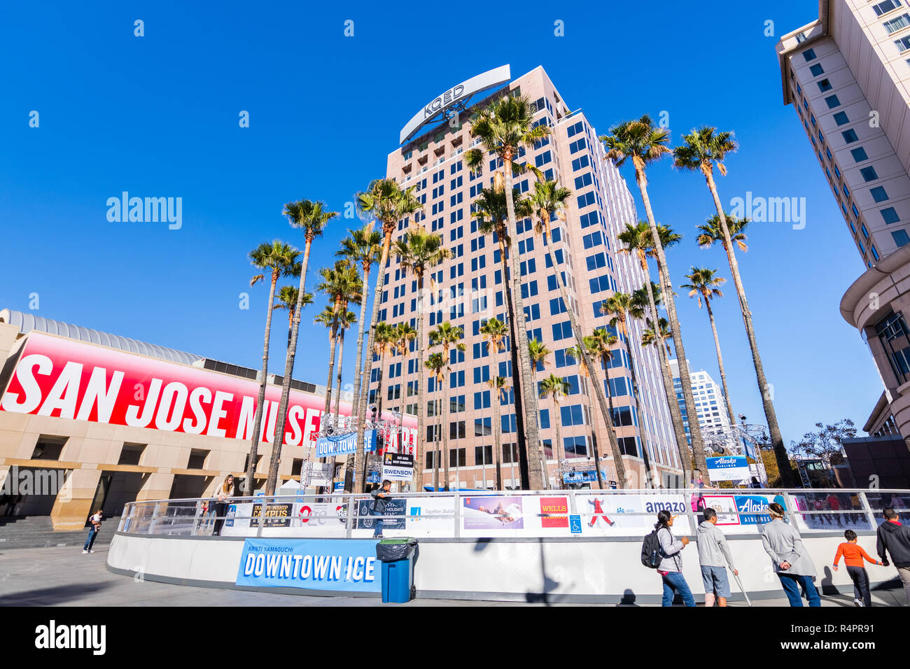 November 25, 2018 San Jose / CA / USA - 'Downtown Ice', a seasonal, family friendly outdoor skating rink situated in Circle of Palms Plaza Stock Photo