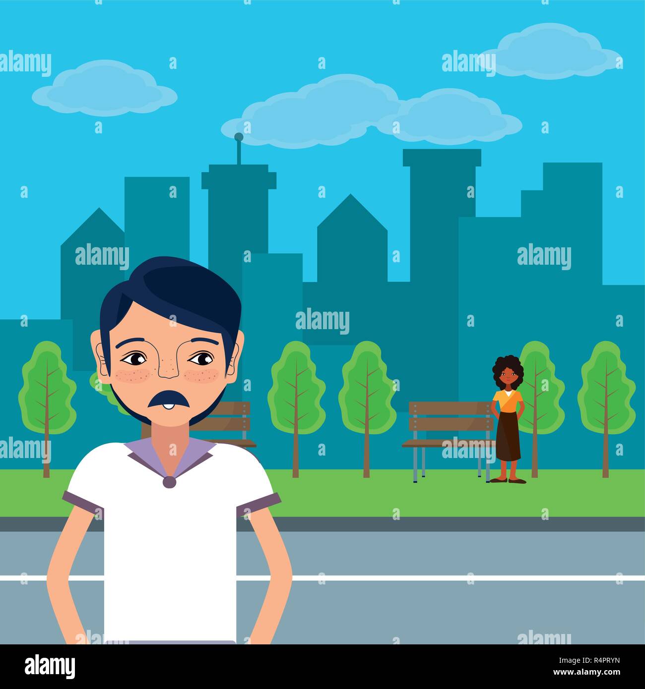Young people at city park scenery cartoons vector illustration graphic ...