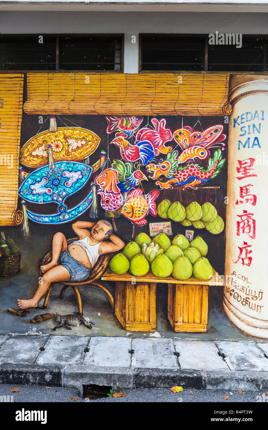 Ipoh, Malaysia.  Wall Painting, Fruit Vendor at Rest. Stock Photo