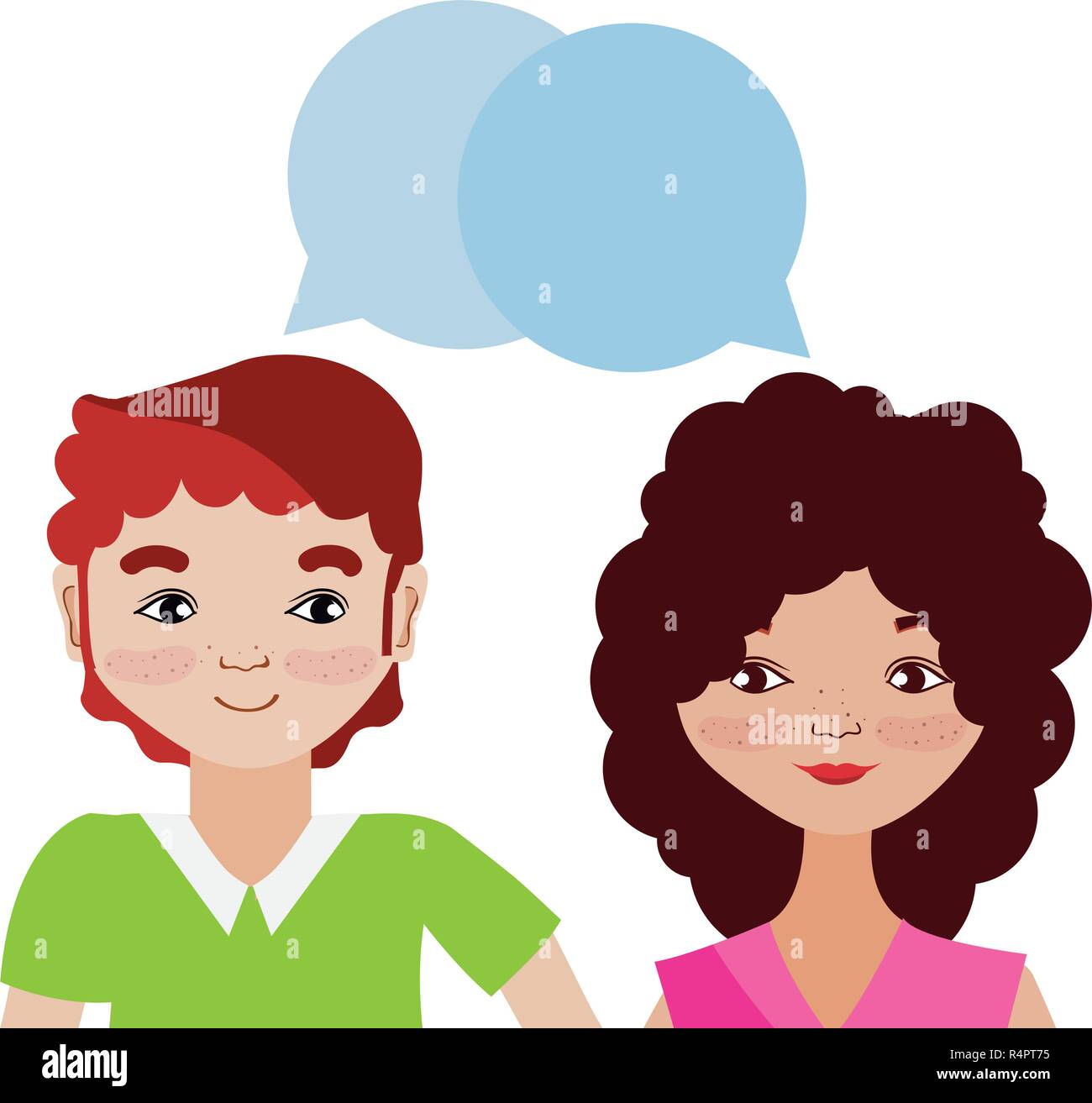 Couple woman and man smiling cartoon with speech bubbles vector illustration graphic design Stock Vector