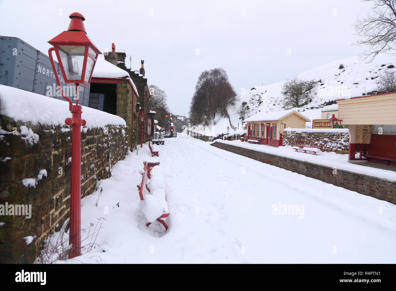 A wintery scene over at Goathland Station on the North Yorkshire Moors Railway. Stock Photo