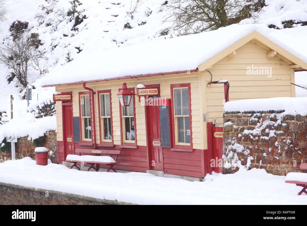The gift shop and ladies room on the platform at Goathland Station on the North Yorkshire Moors Railway. Stock Photo
