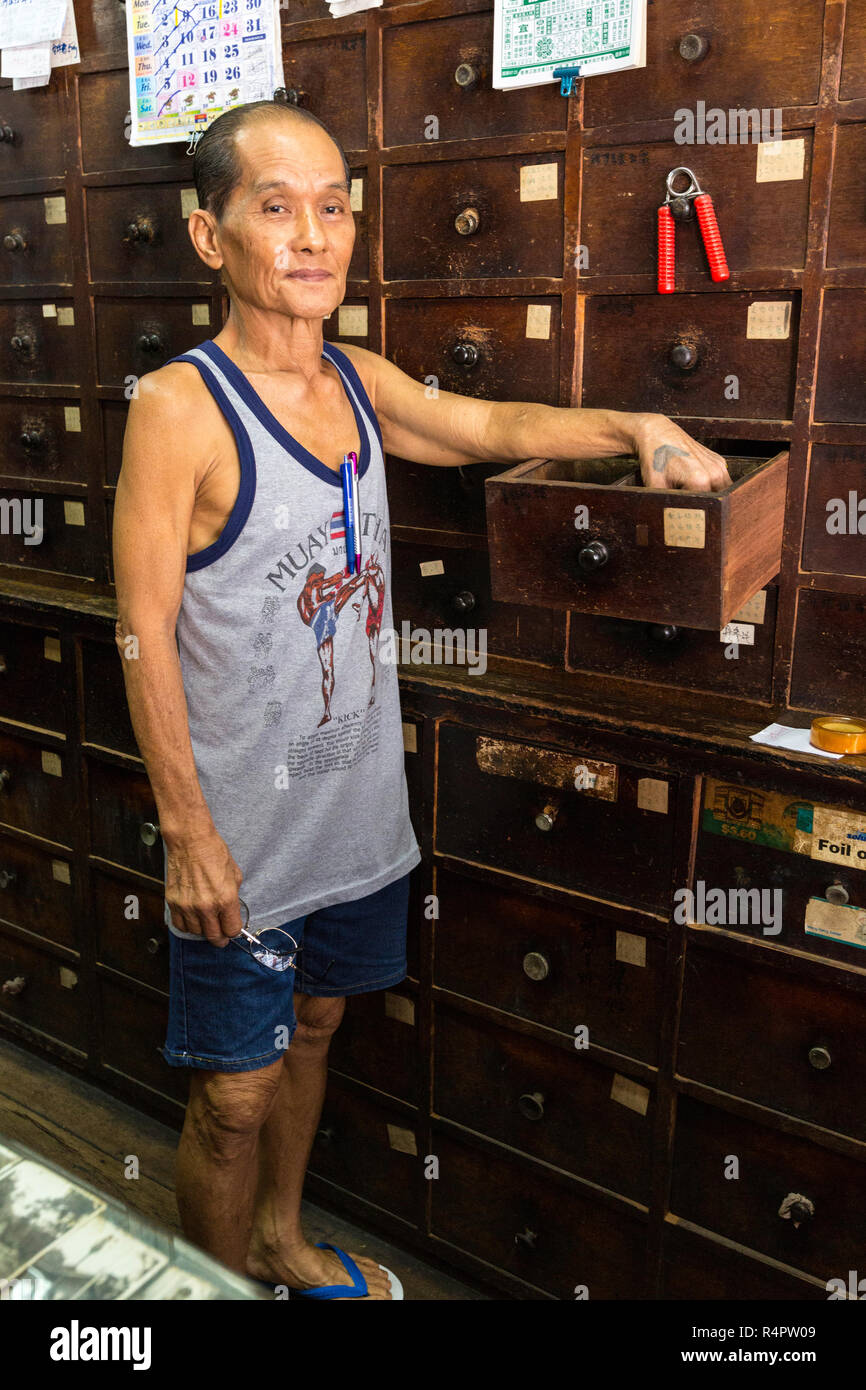 Owner of an Herbal Medicine Store, Ipoh, Malaysia. Stock Photo