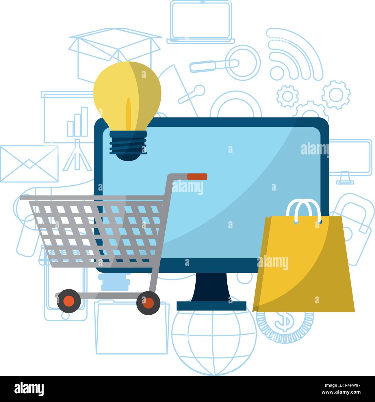 Shopping online computer and cart with bag vector illustration graphic ...