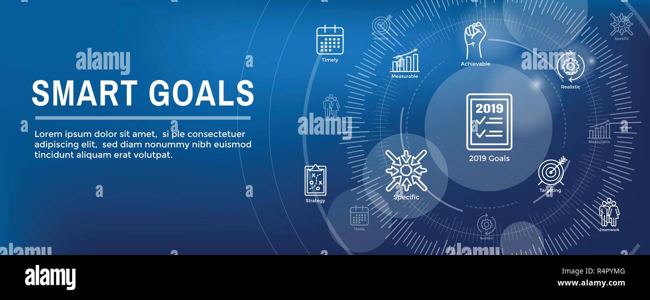 2019 SMART Goals Vector graphic w various Smart goal keywords Stock Vector