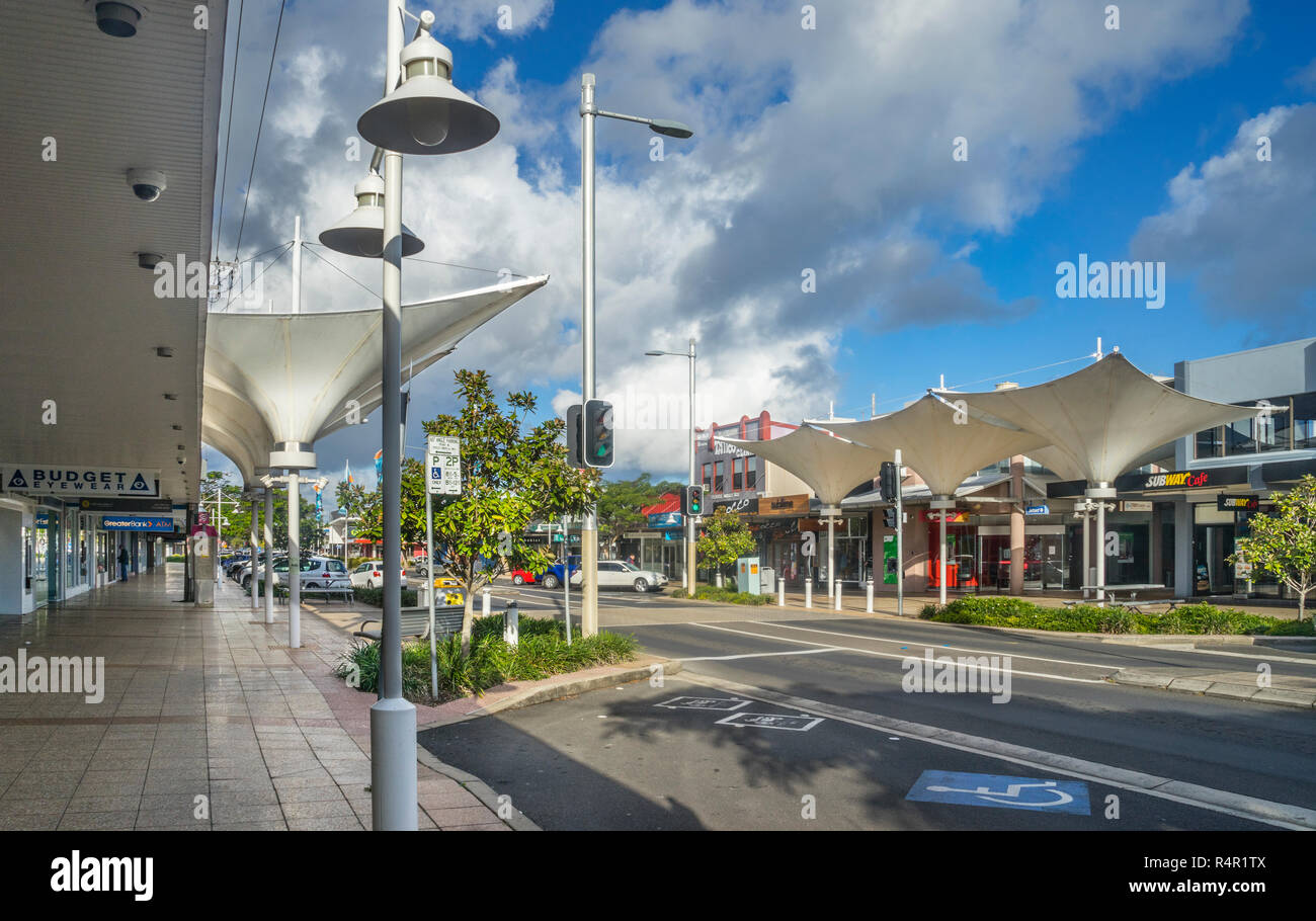 view of River Street, the main thoroughfare in the Northern Rivers region town of Ballina, New South Wales, Australia Stock Photo