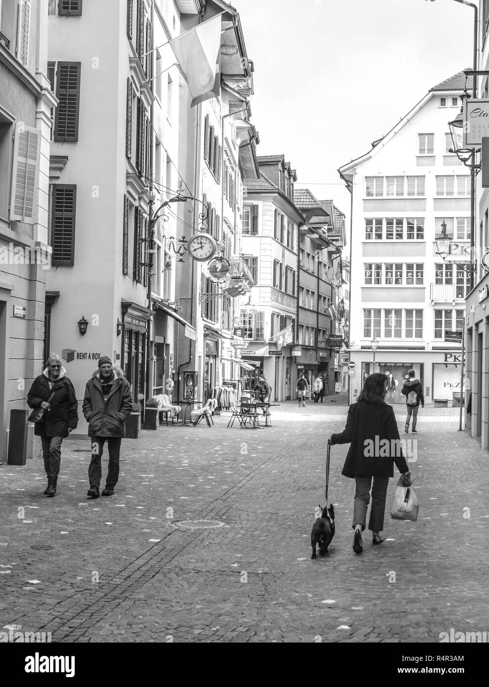 Walking the French bulldog through the Old Town of Lucerne, Switzerland. B&W Stock Photo