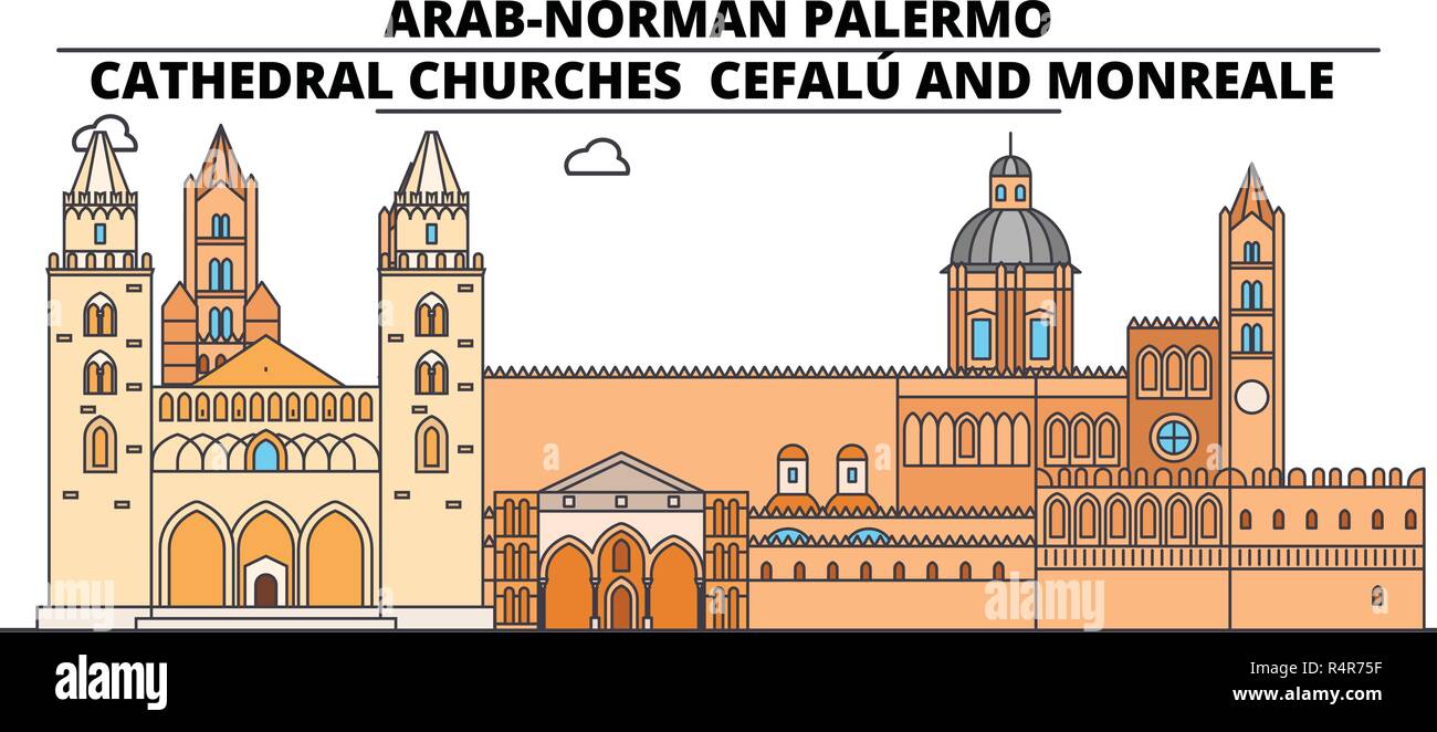 Arab-Norman Palermo - Cathedral Churches - CefalU And Monreale  line travel landmark, skyline, vector design. Arab-Norman Palermo - Cathedral Churches - CefalU And Monreale  linear illustration.  Stock Vector