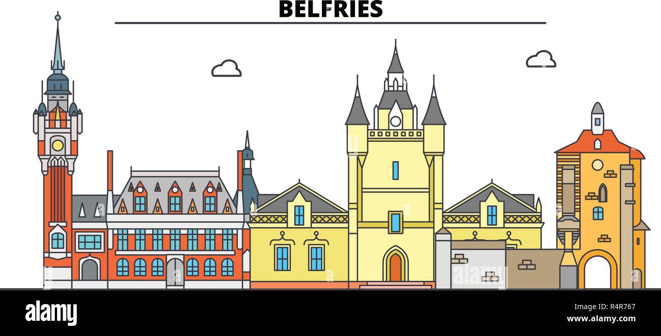 Belfries Of Belgium And France  line travel landmark, skyline, vector design. Belfries Of Belgium And France  linear illustration.  Stock Vector