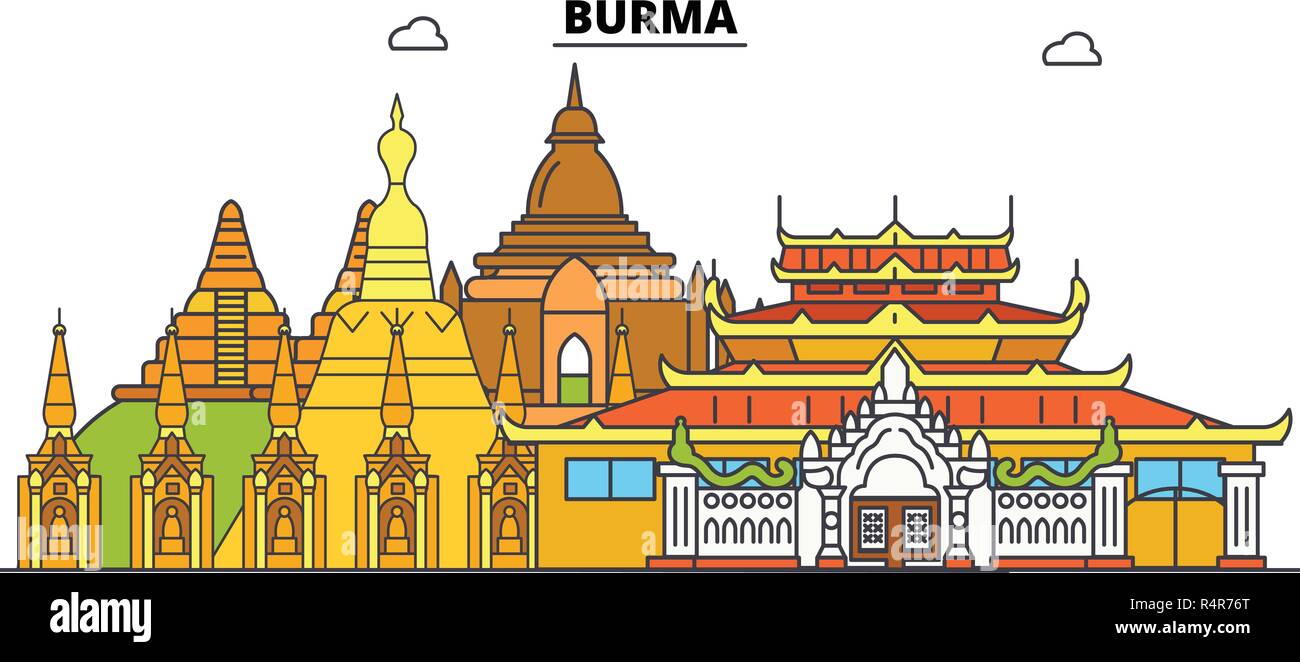 Burma line skyline vector illustration. Burma linear cityscape with famous landmarks, city sights, vector design landscape. Stock Vector