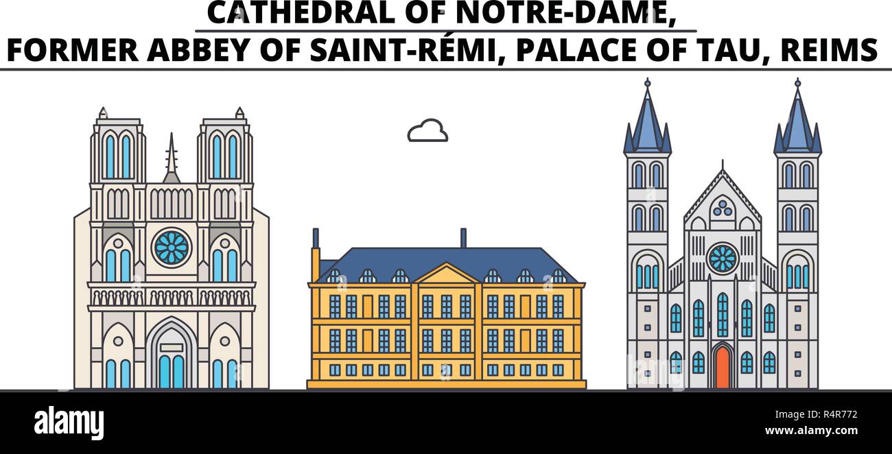 Cathedral Of Notre-Dame, Former Abbey Of Saint-REmi, Palace Of Tau, R line travel landmark, skyline vector design Stock Vector
