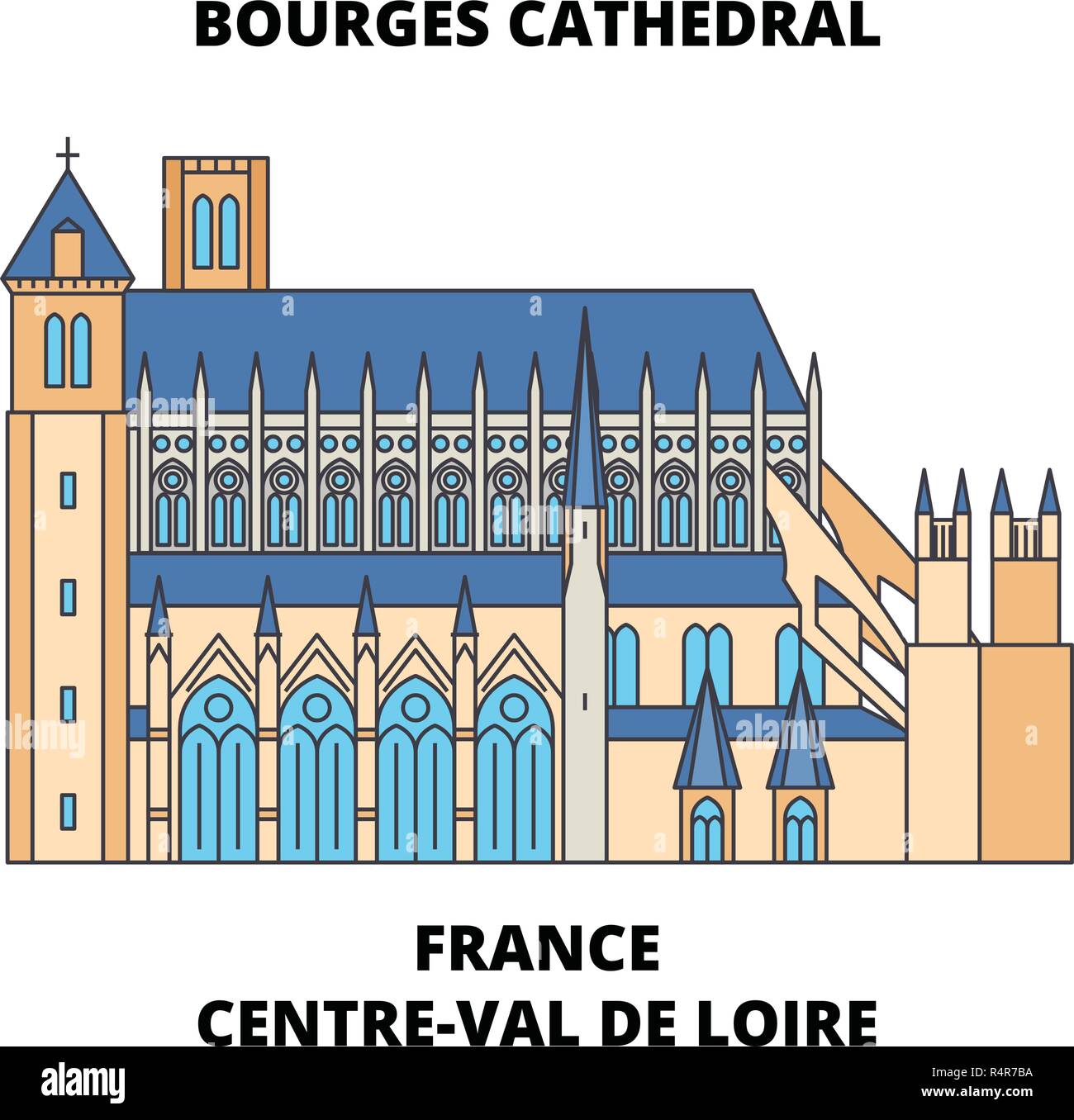 France, Centre-Val De Loire - Bourges Cathedral line travel landmark, skyline, vector design. France, Centre-Val De Loire - Bourges Cathedral linear illustration.  Stock Vector