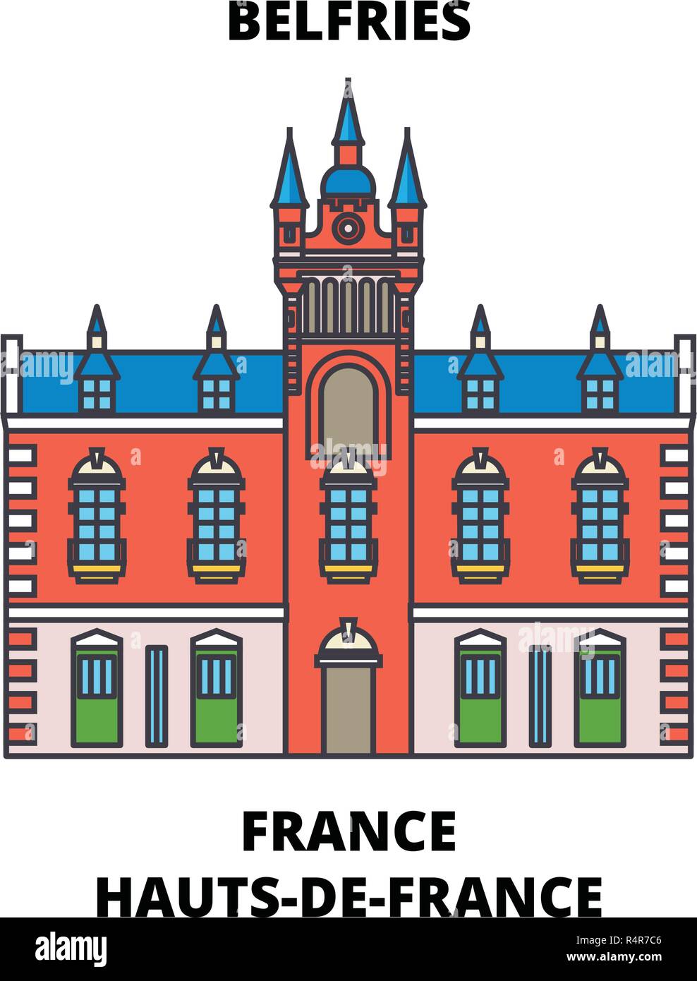 Hauts-De-France - Belfries line travel landmark, skyline, vector design. France, Hauts-De-France - Belfries Of Belgium And France linear illustration. Stock Vector