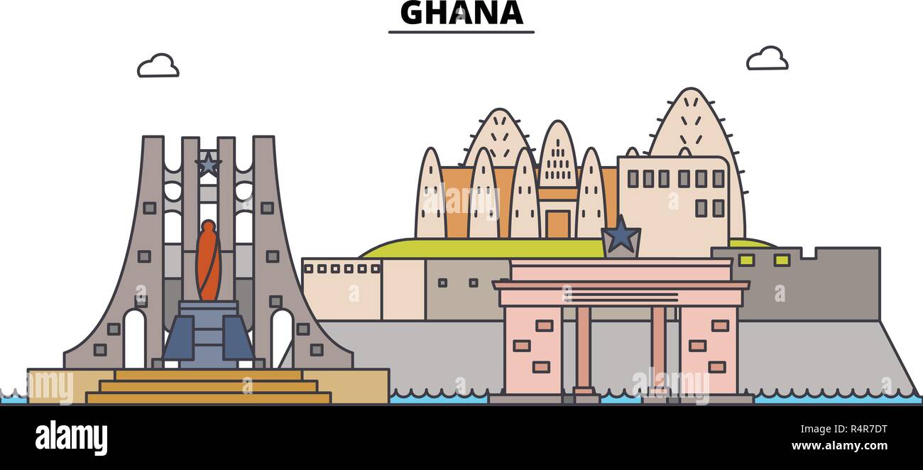 Ghana line skyline vector illustration. Ghana linear cityscape with famous landmarks, city sights, vector, design landscape. Stock Vector