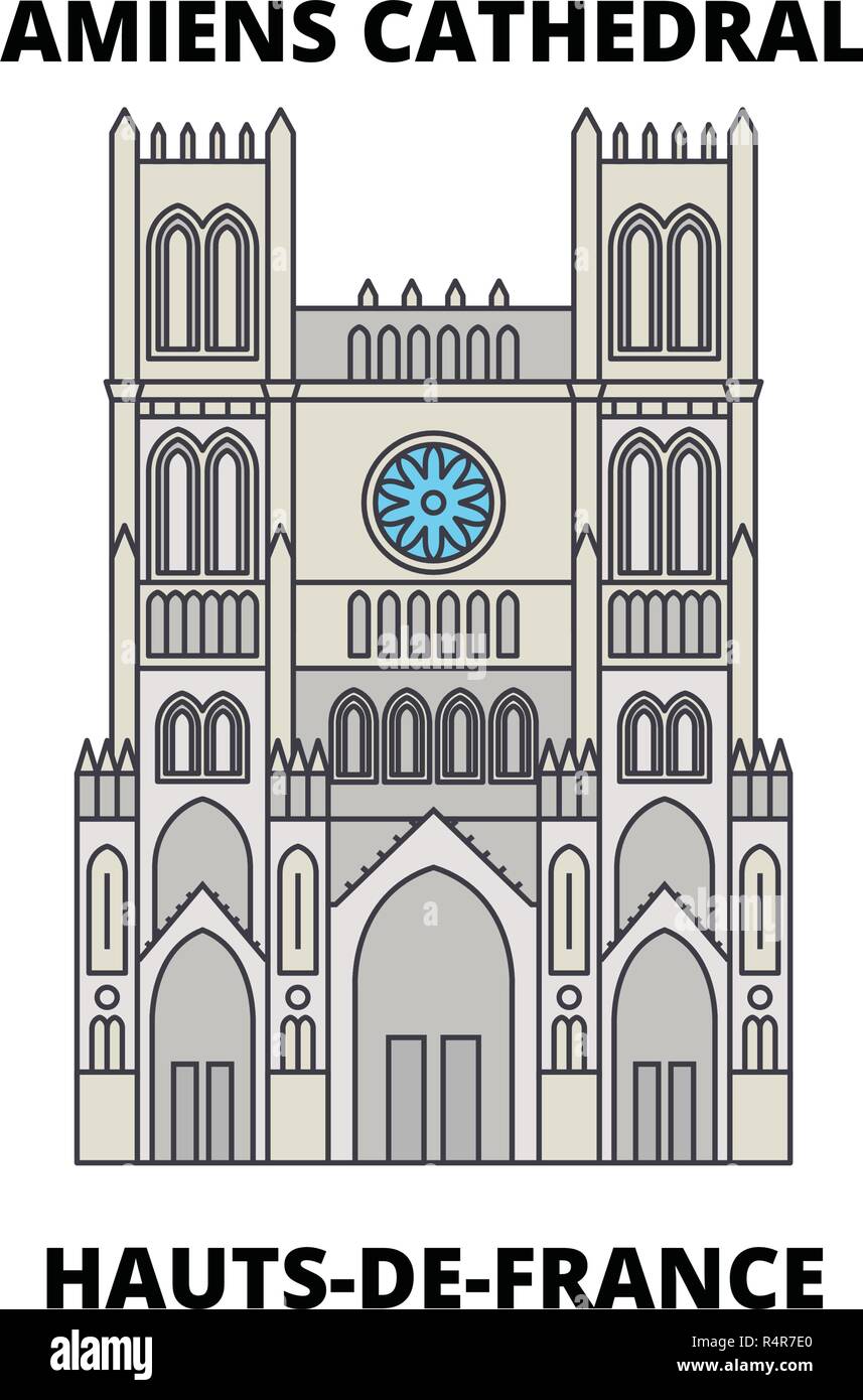 Hauts-De-France - Amiens Cathedral  line travel landmark, skyline, vector design. Hauts-De-France - Amiens Cathedral  linear illustration.  Stock Vector