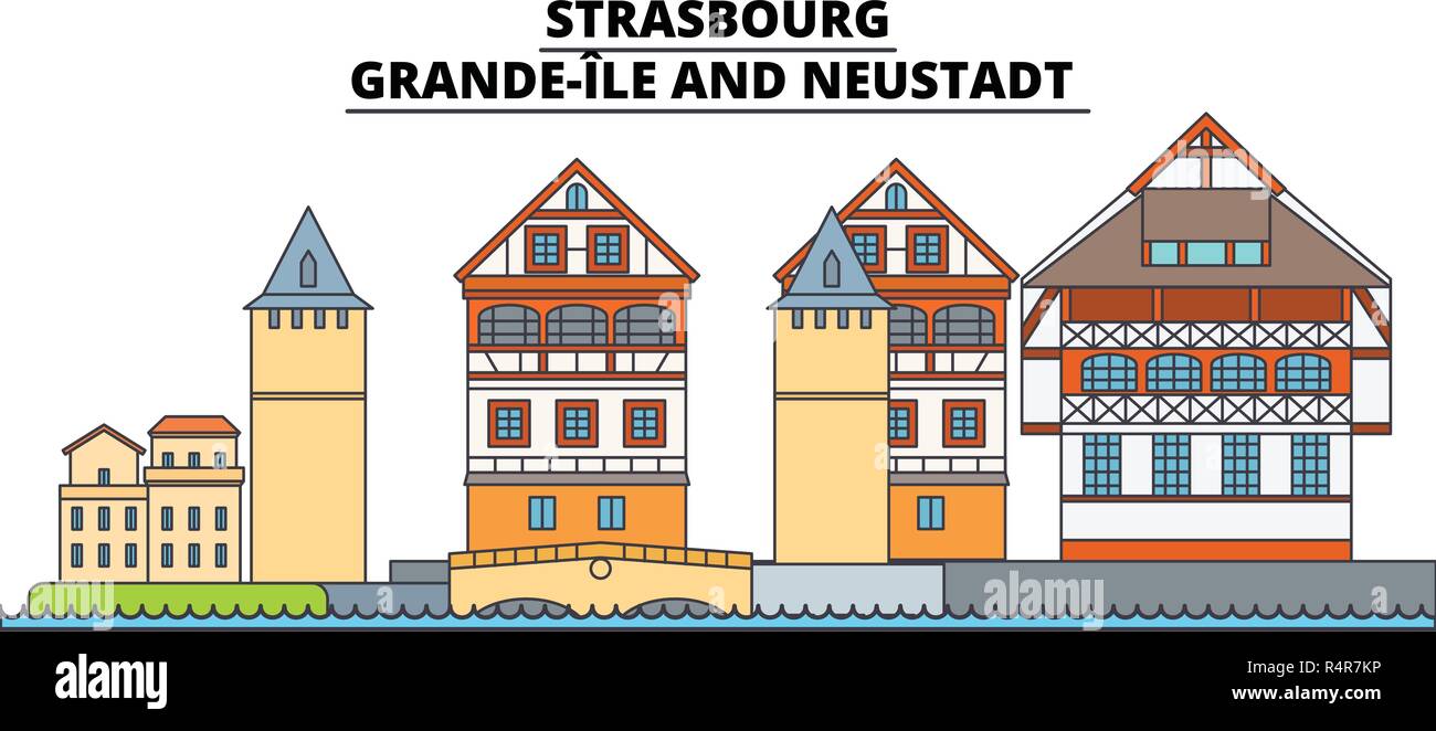 Strasbourg - Grande-Ile And Neustadt  line travel landmark, skyline, vector design. Strasbourg - Grande-Ile And Neustadt  linear illustration.  Stock Vector