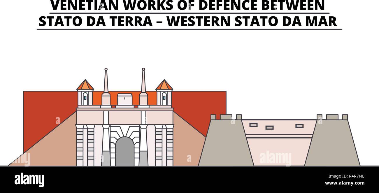 Venetian Works Of Defence Between - Stato Da Terra - Western Stato Da Mar line travel landmark, skyline vector design. Stock Vector