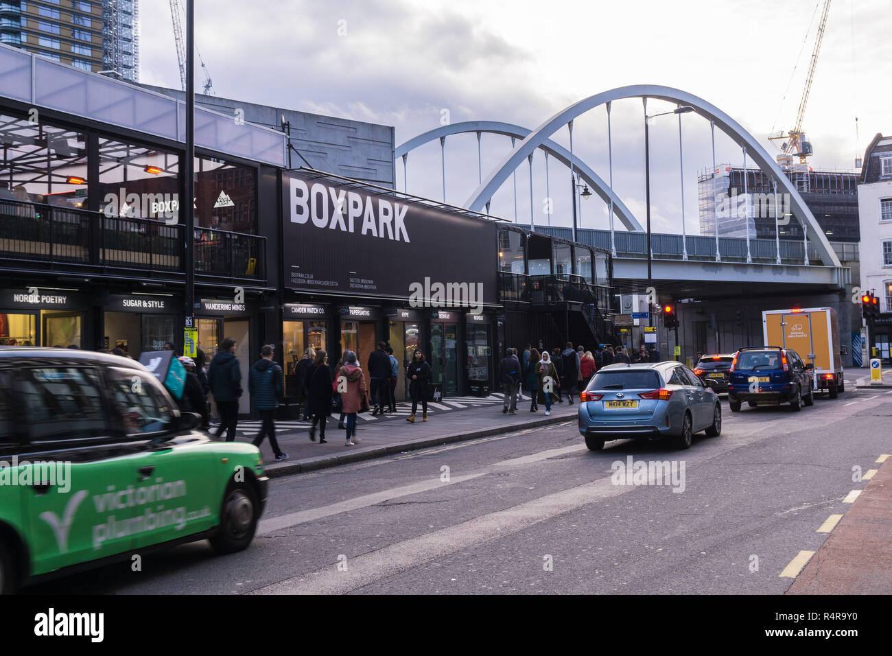 Boxpark in Shoreditch London, a shopping and food mall made from re-fitted  shipping containers Stock Photo - Alamy