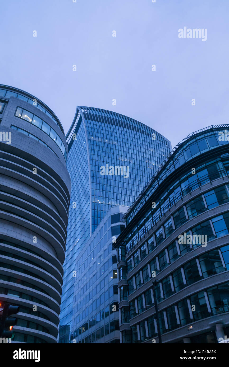 Buildings in the City of London at dusk, including the 'Walkie Talkie' building Stock Photo