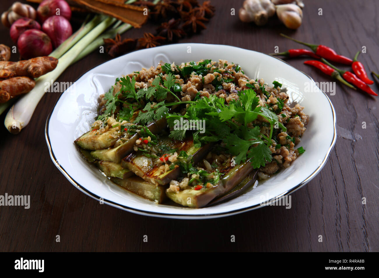 Fried eggplant with minced beef Stock Photo Alamy
