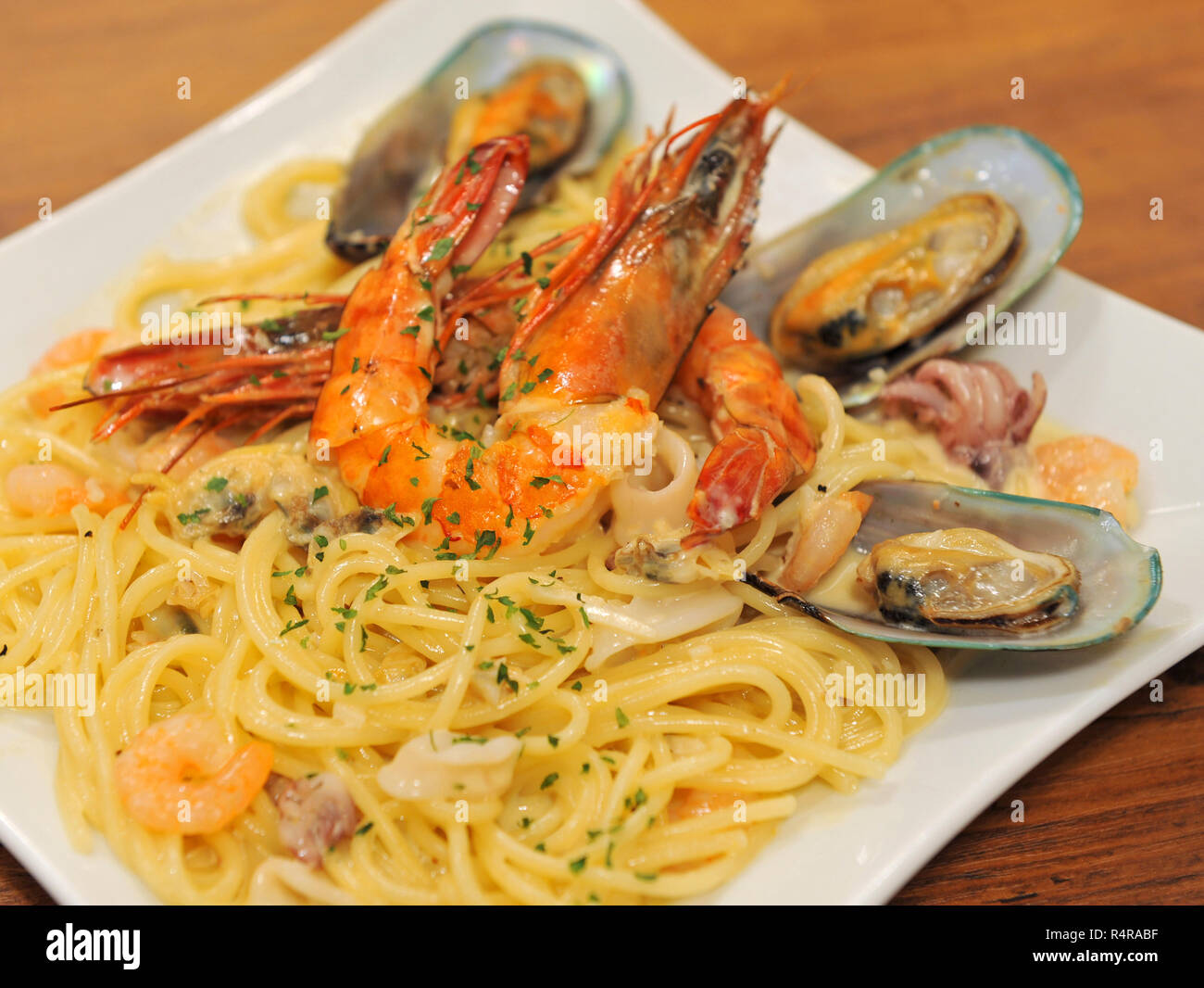 Pasta spaghetti with shrimp and clams Stock Photo