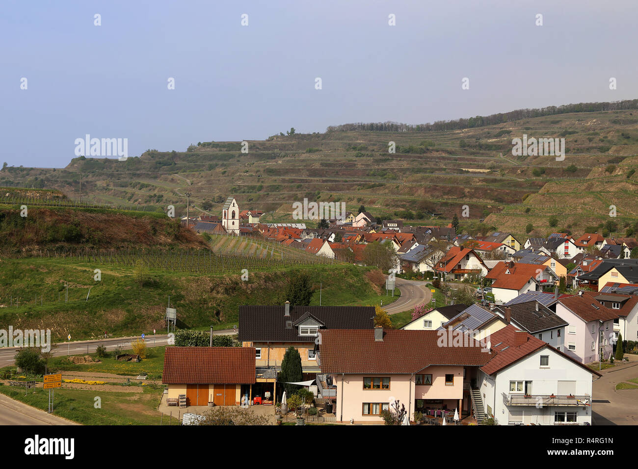 view of oberbergen in the kaiserstuhl town entrance and parish church of st mauritius Stock Photo