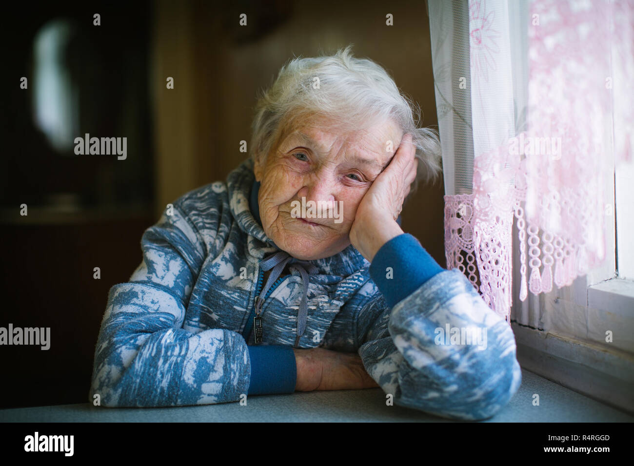 Portrait of russian elderly woman close-up. Age 90 years old. Stock Photo