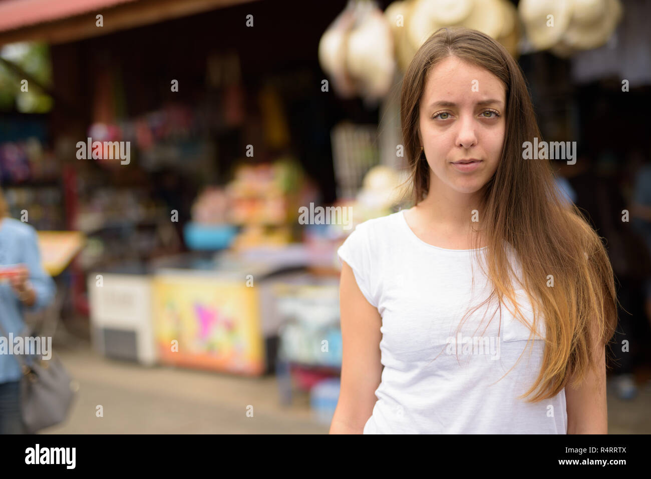 Young beautiful tourist woman having vacation in Ayutthaya, Thai Stock Photo