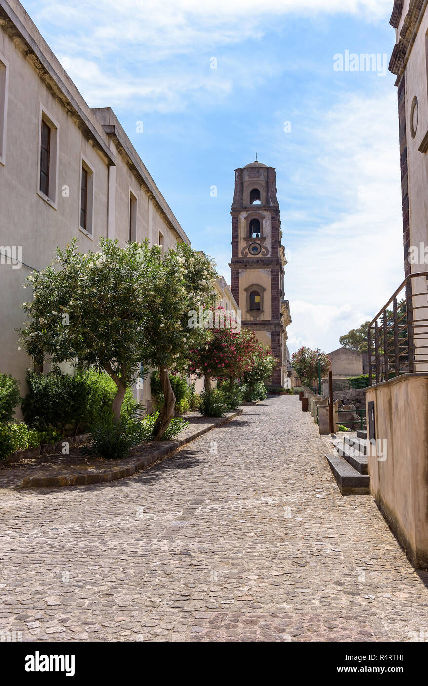 Bell tower of the Lipari Cathedral at the end of the Via Castello street in Lipari town, Aeolian Islands. Italy Stock Photo