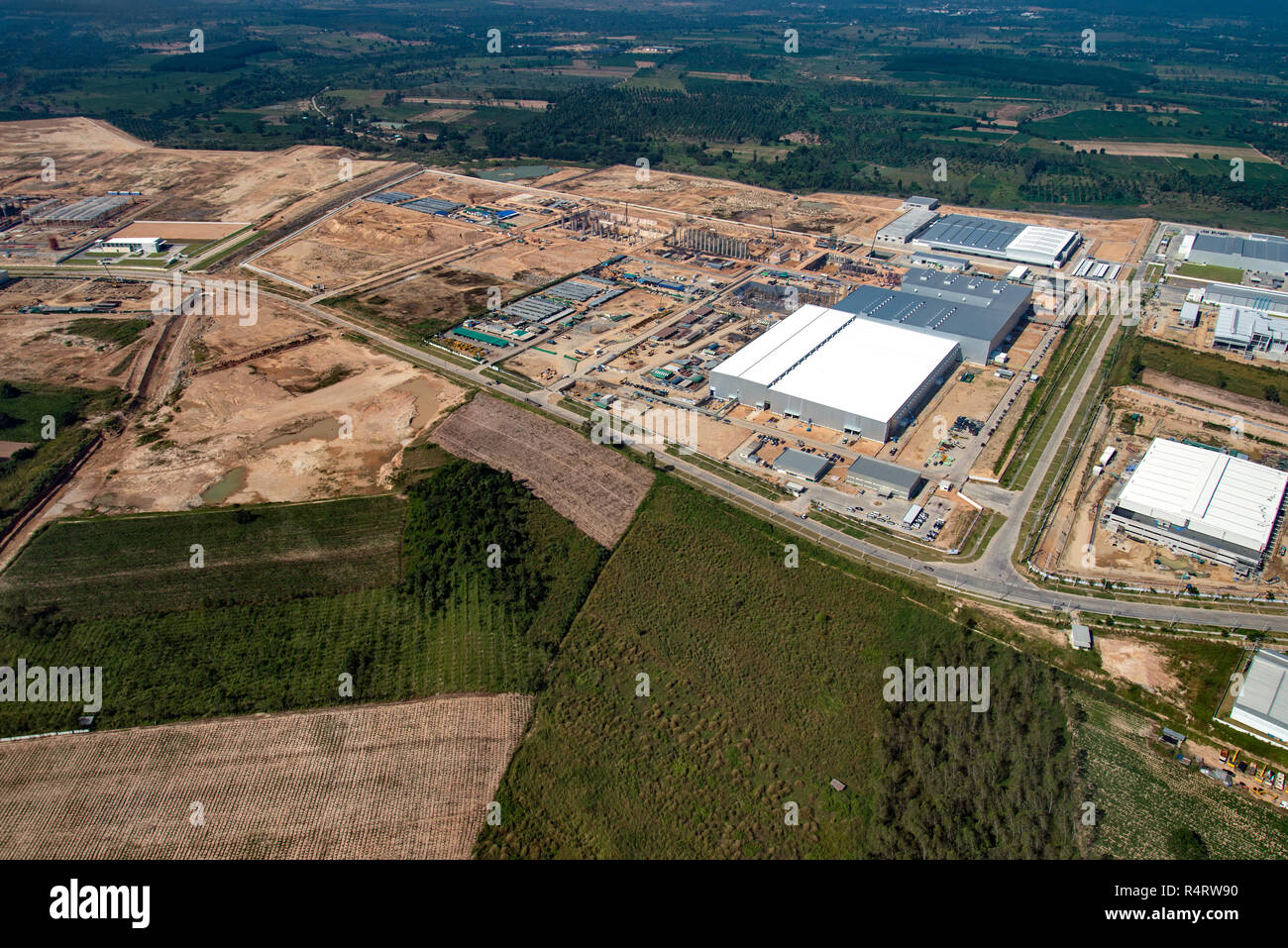 Industrial Estate Land Development Aerial View in Thailand Stock Photo