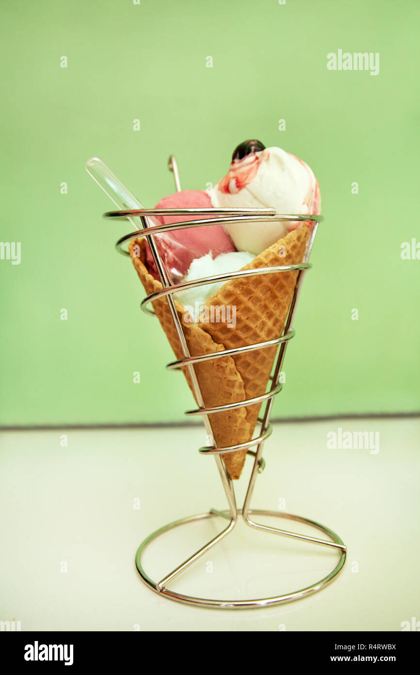 Ice Cream Holders Strawberry Mint Vanilla With Sour Cherry Ice Cream In Large Waffle Cone In 7898