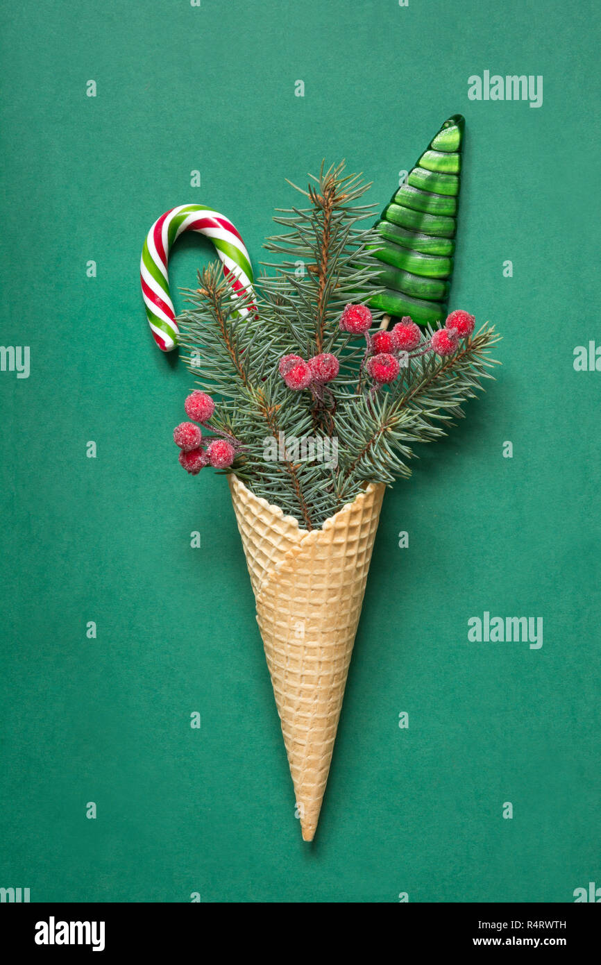 Ice Cream Cone With Christmas Decoration Of Fir Branches Candy