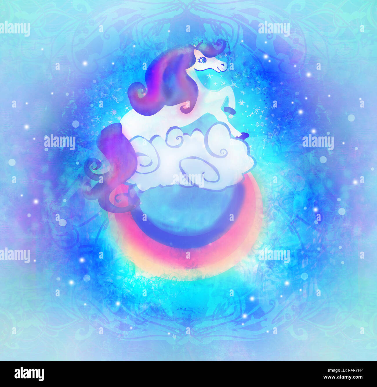 Card with a cute unicorn rainbow in the clouds Stock Photo - Alamy