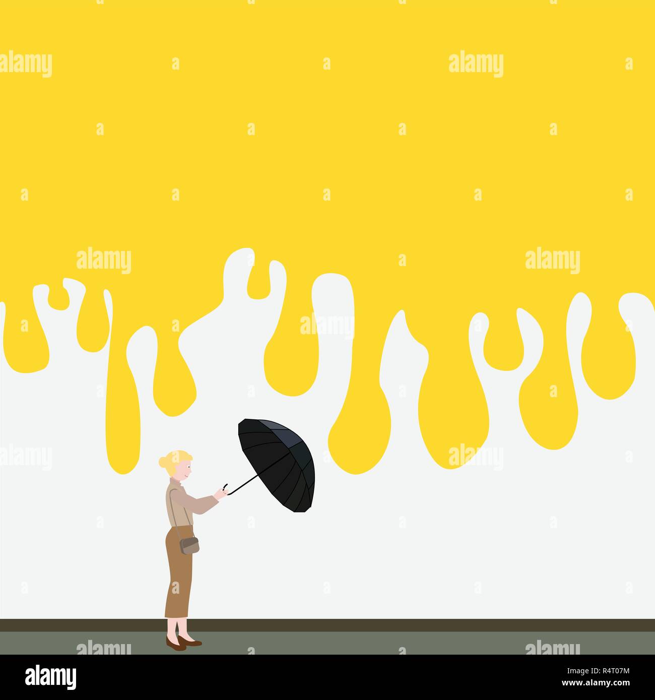 Wall with yellow paint on it and a lady with umbrella, rain concept Stock Vector