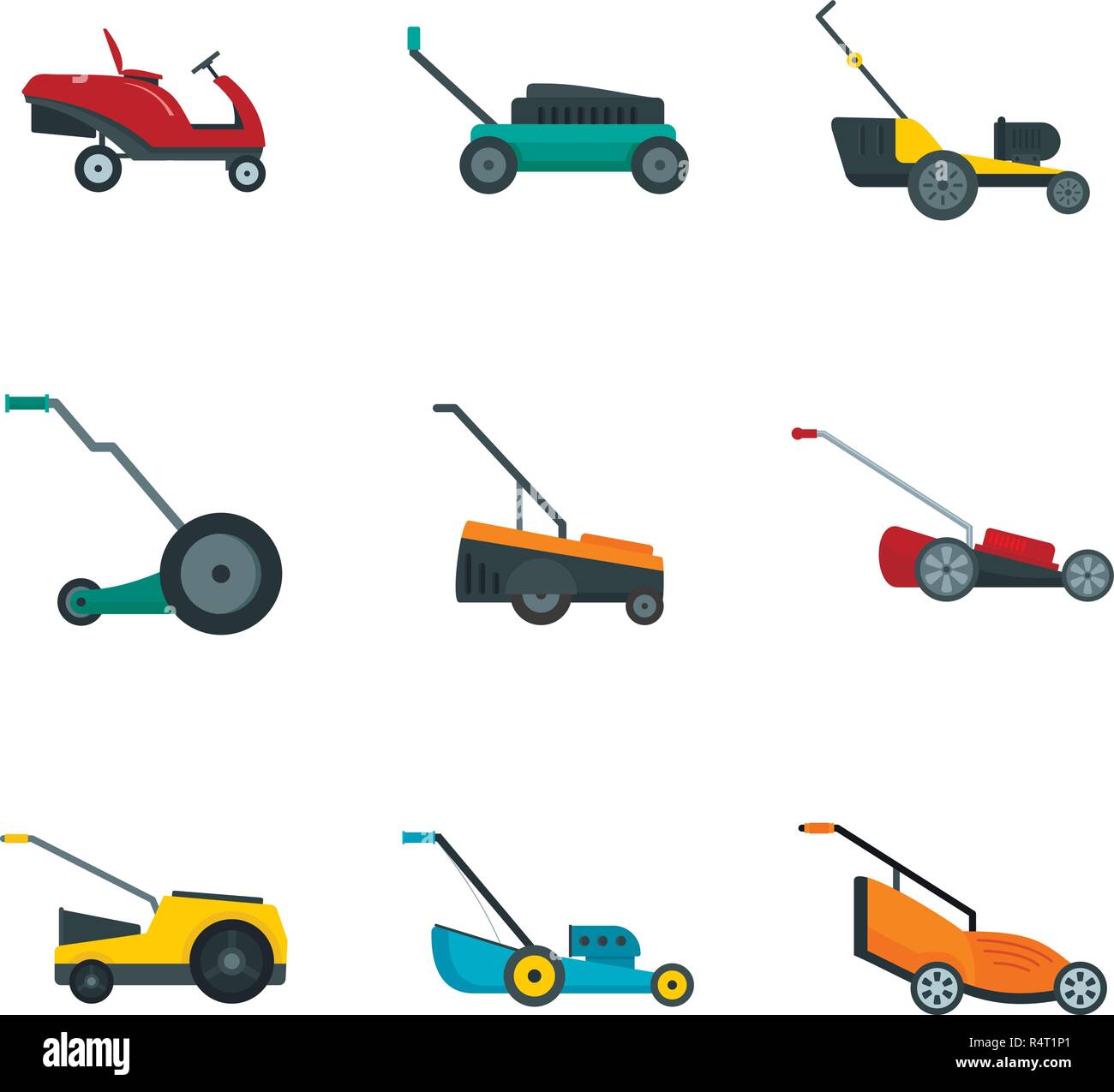 Lawnmower grass garden icons set. Flat illustration of 9 lawnmower grass garden vector icons isolated on white Stock Vector