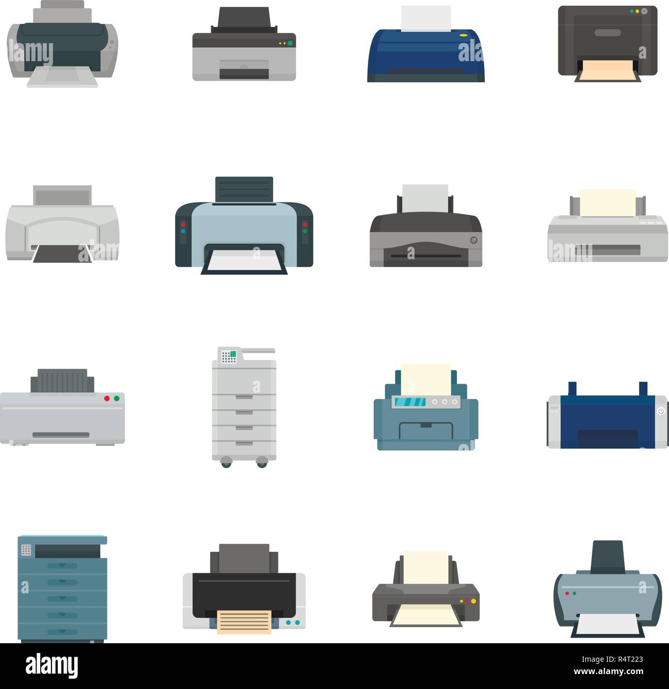 Printer office copy document icons set. Flat illustration of 16 printer ...