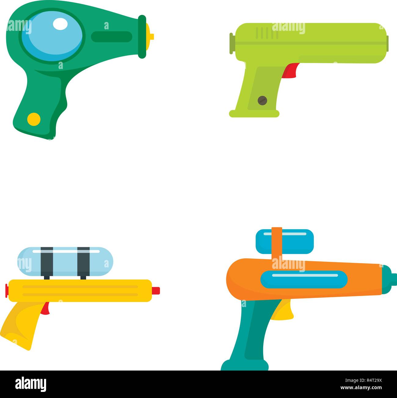 Squirt gun water pistol game icons set. Flat illustration of 4 squirt gun water pistol game