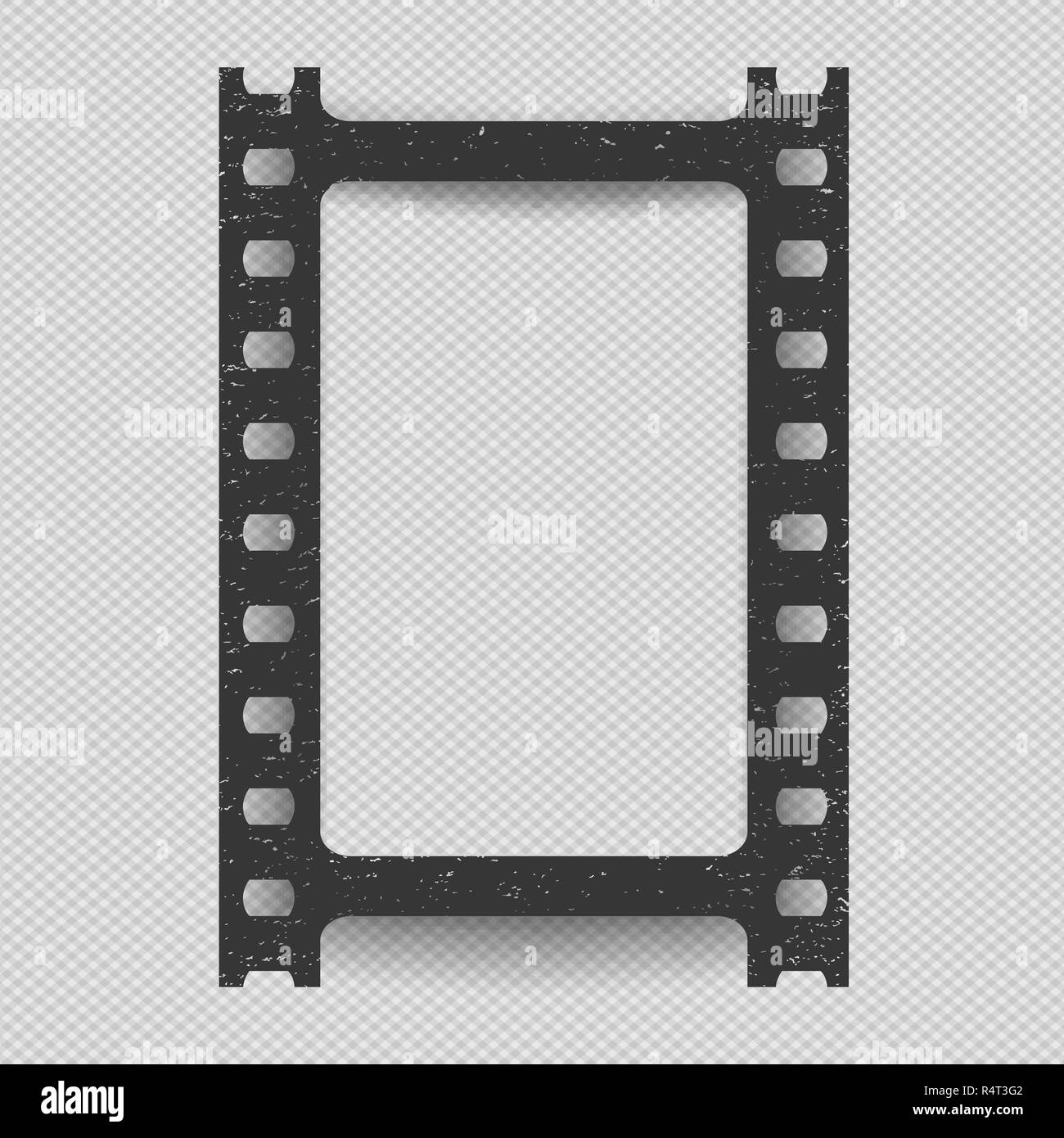 Black vertical scratched grunge film strip with shadow on squared background. Vector illustration. Stock Vector