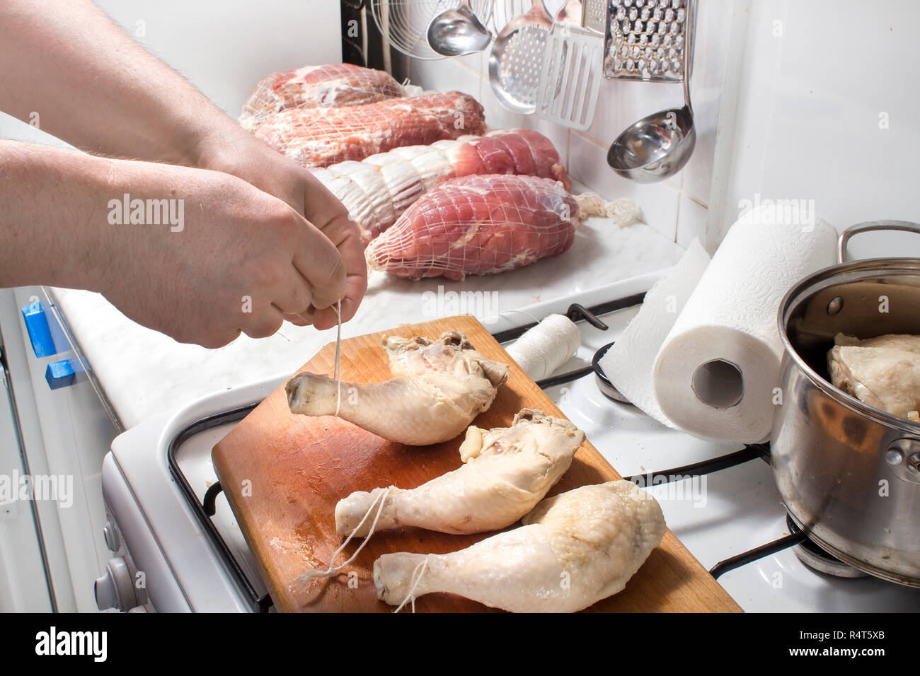 preparation raw meat for smoking. pork neck meat and bacon. preparation