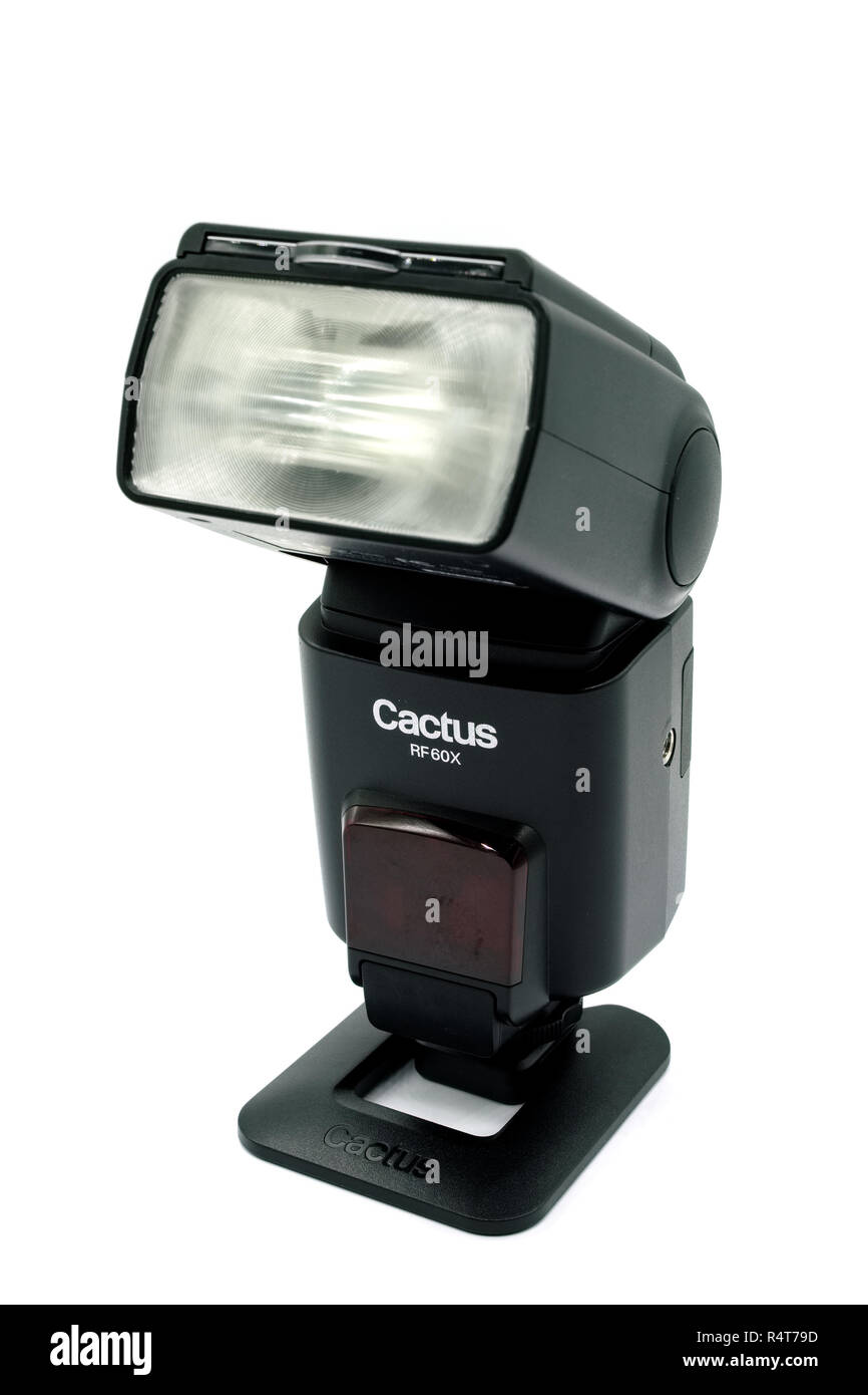 Largs, Scotland, UK - November 22, 2018: Cactus RF60X Camera Speed Light or Flash gun an inexpensive and popular flash strobe and isolated on a white  Stock Photo