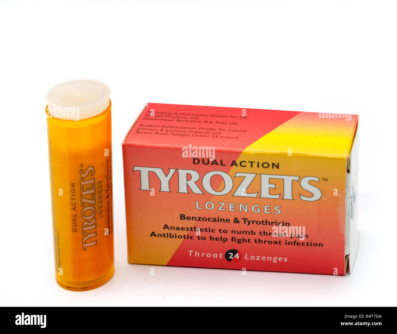 Largs, Scotland, UK - November 22, 2018: Tyrozets Branded Throat Lozenges in Recyclable Packaging in line with current UK guidelines and Isolated on W Stock Photo
